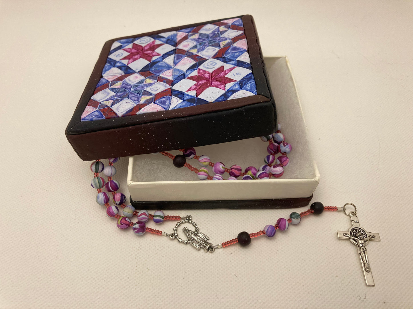 All Hallows Quilt Square Box and Rosary Set Red and Blue