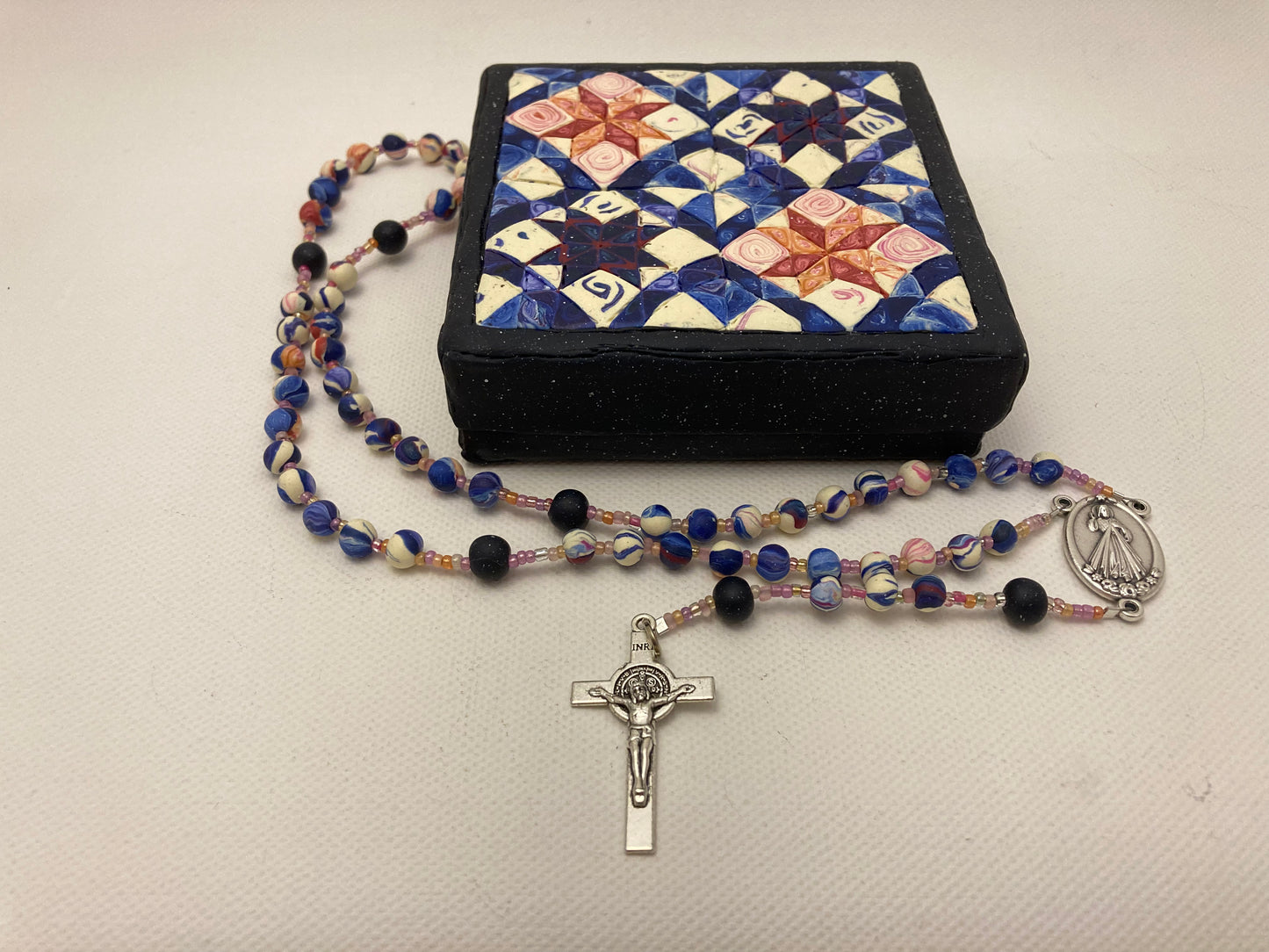 All Hallows Quilt Square Box and Rosary Set Peach and Blue