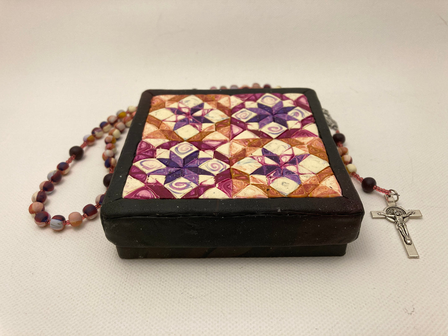 All Hallows Quilt Square Box and Rosary Set Purple and Orange