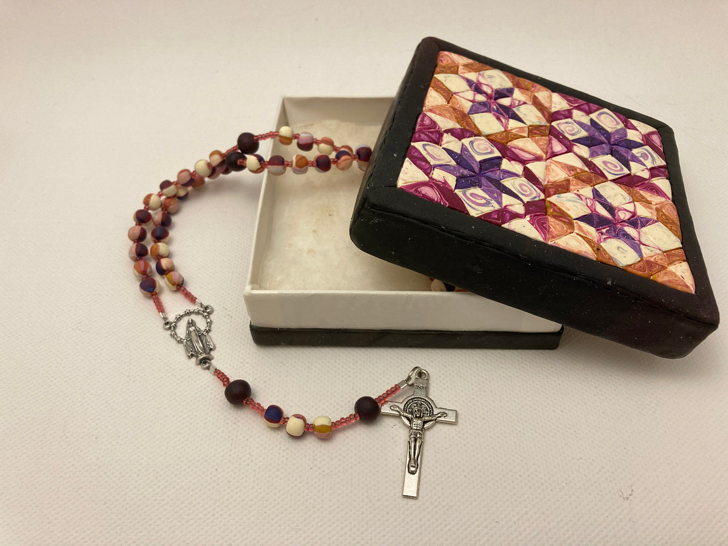 All Hallows Quilt Square Box and Rosary Set Purple and Orange