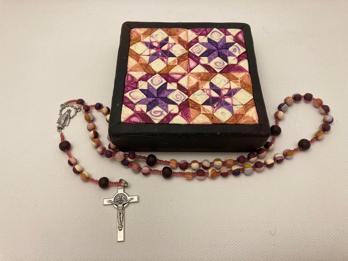 All Hallows Quilt Square Box and Rosary Set Purple and Orange