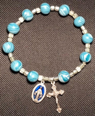Light Blue and White Polymer Clay Bead Rosary Bracelet