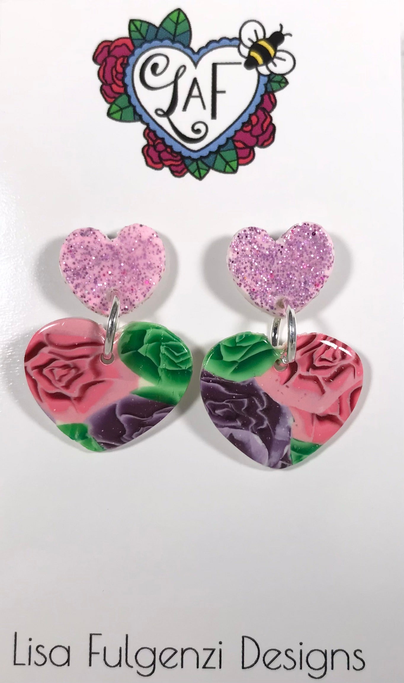 Glitter and Rose Double Heart Post Earrings Lavender