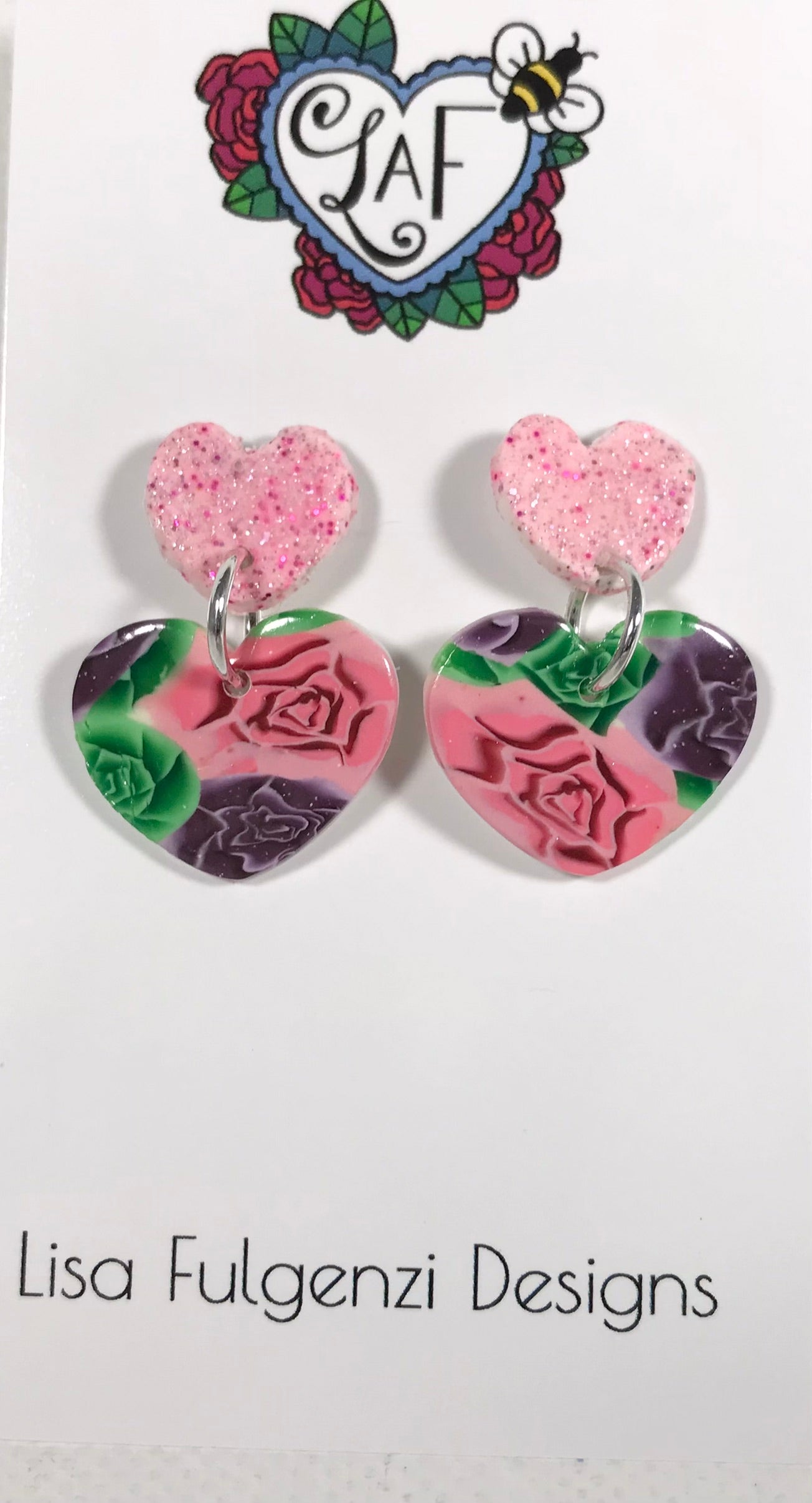 Glitter and Rose Double Heart Post Earrings Light Pink