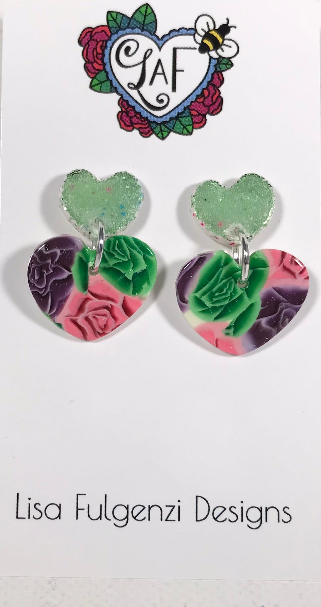 Glitter and Rose Double Heart Post Earrings Green