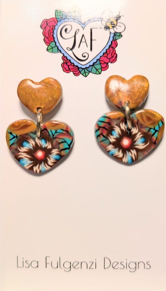 Gold Rose and Fall Floral Double Heart Post Earrings