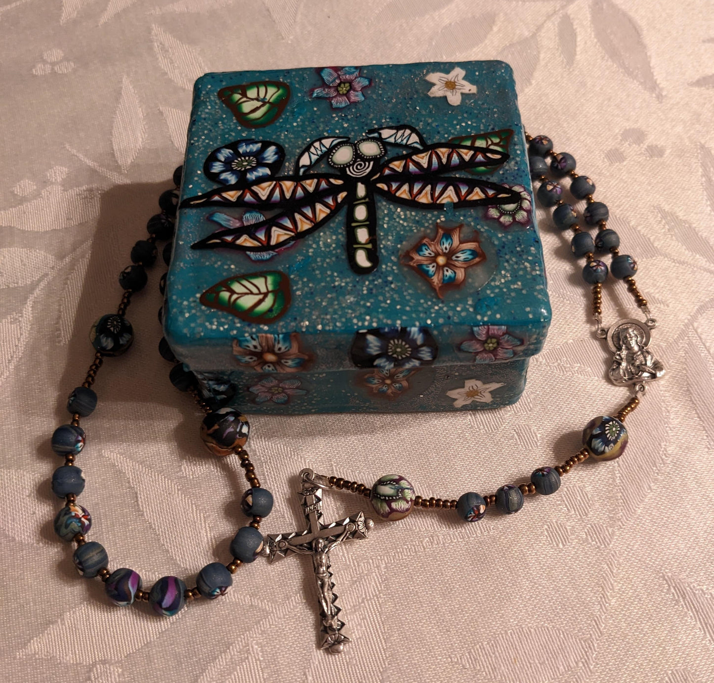 Sapphire Dragonfly Galaxy Sparkle Decorative Box and Rosary