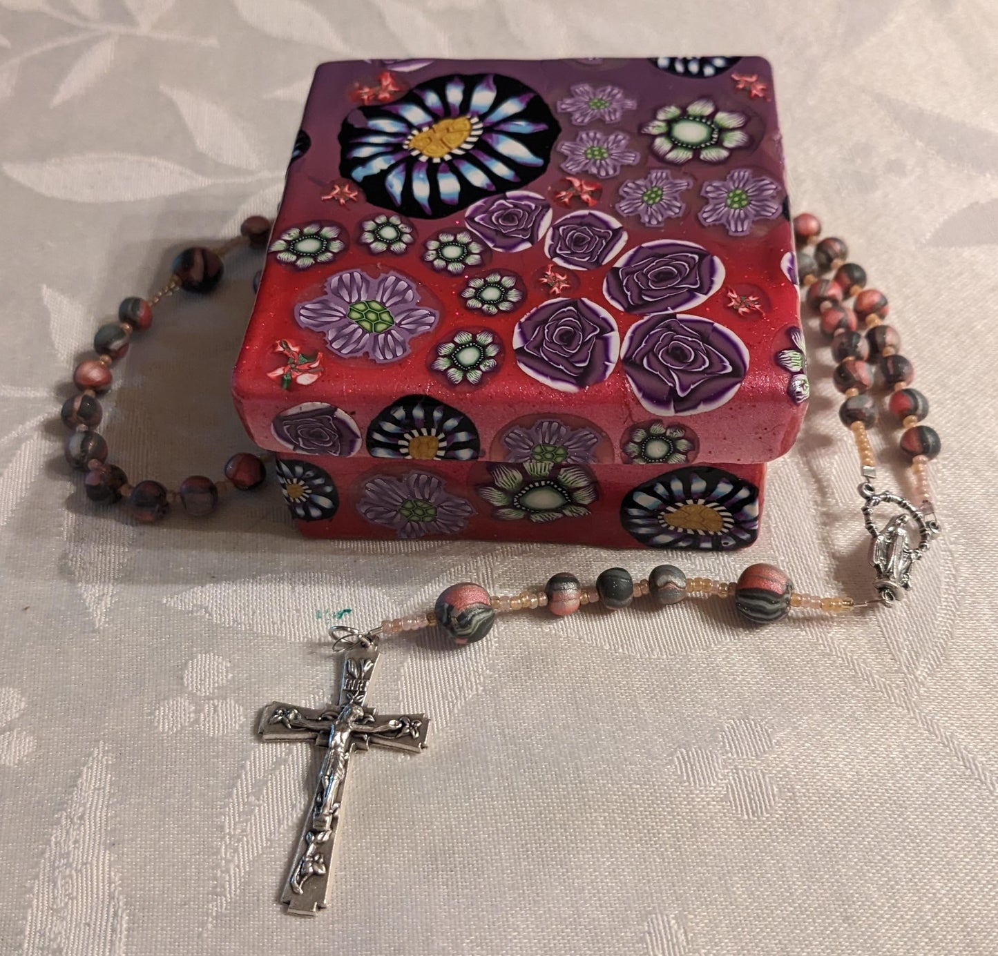 Purple Floral Design Decorative Box and Rosary Set