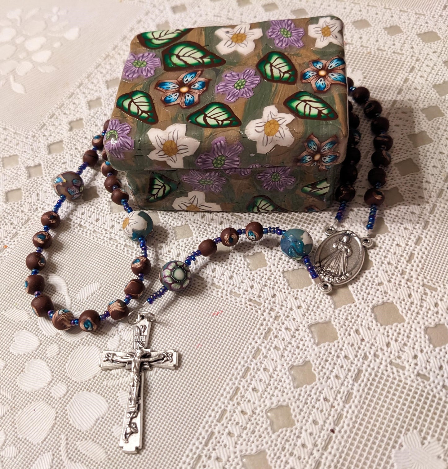 Oak and Floral Box and Rosary