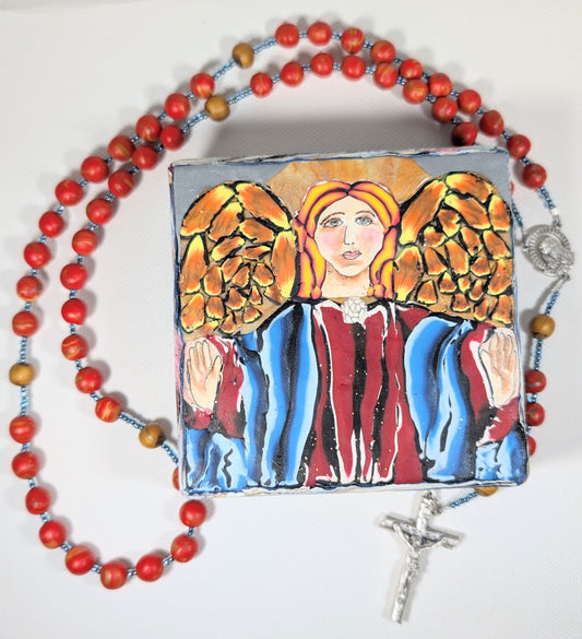 Guardian Angel Icon Box and Rosary Set Red and Gold