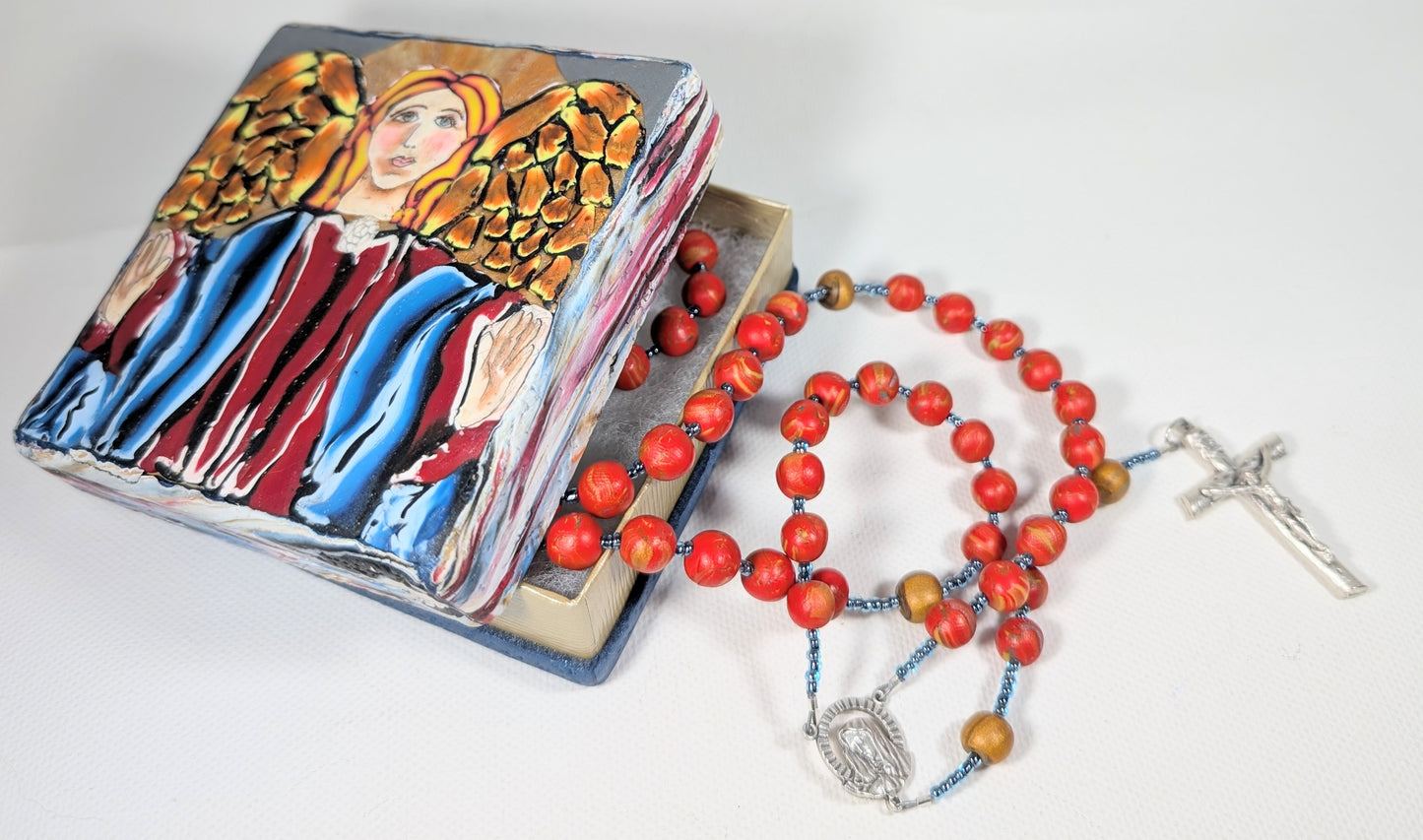 Guardian Angel Icon Box and Rosary Set Red and Gold