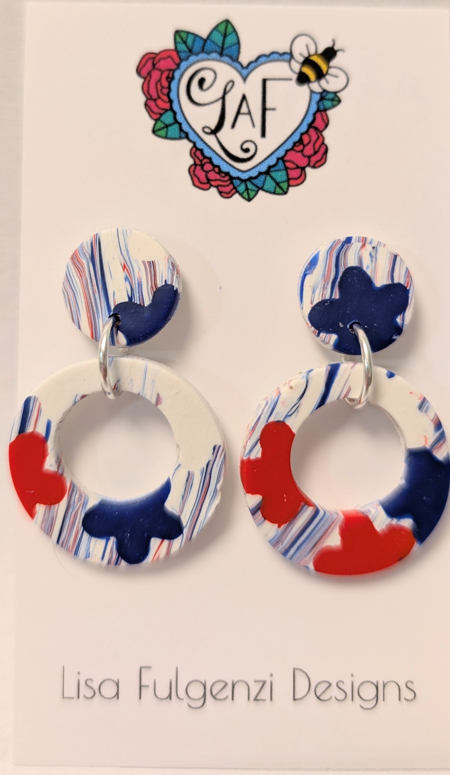 Red White and Blue Stripes and Flowers Round Post Earrings