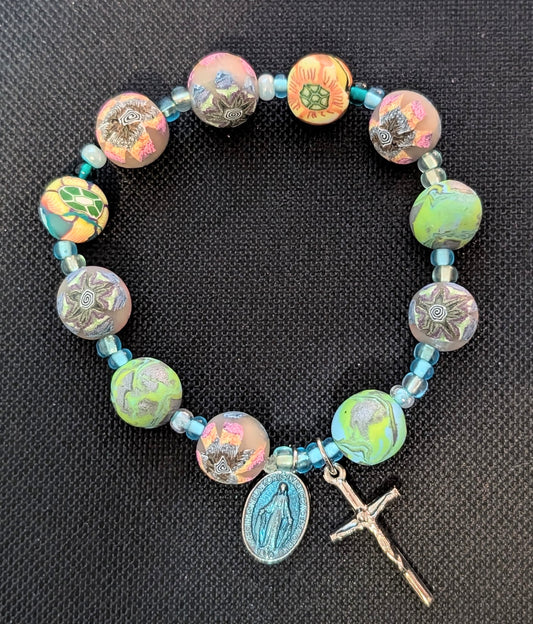 Patchwork Petal Flower Polymer Clay Bead Rosary Bracelet