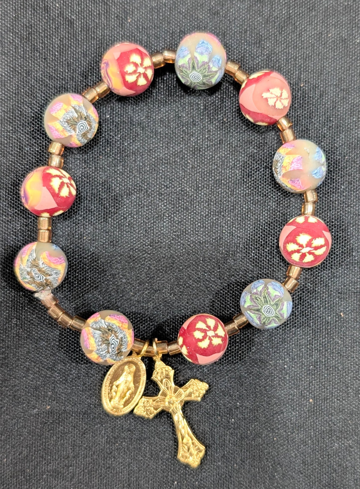 Patchwork Petal Flower Polymer Clay Bead Rosary Bracelet