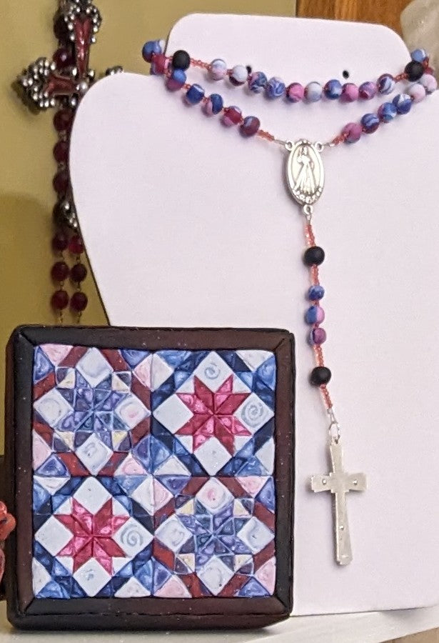 All Hallows Quilt Square Box and Rosary Set Red and Blue