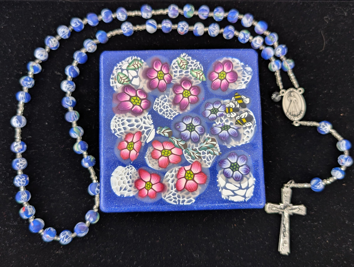 Blue and White Floral and Lace Rosary and Box Set