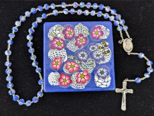 Blue and White Floral and Lace Rosary and Box Set