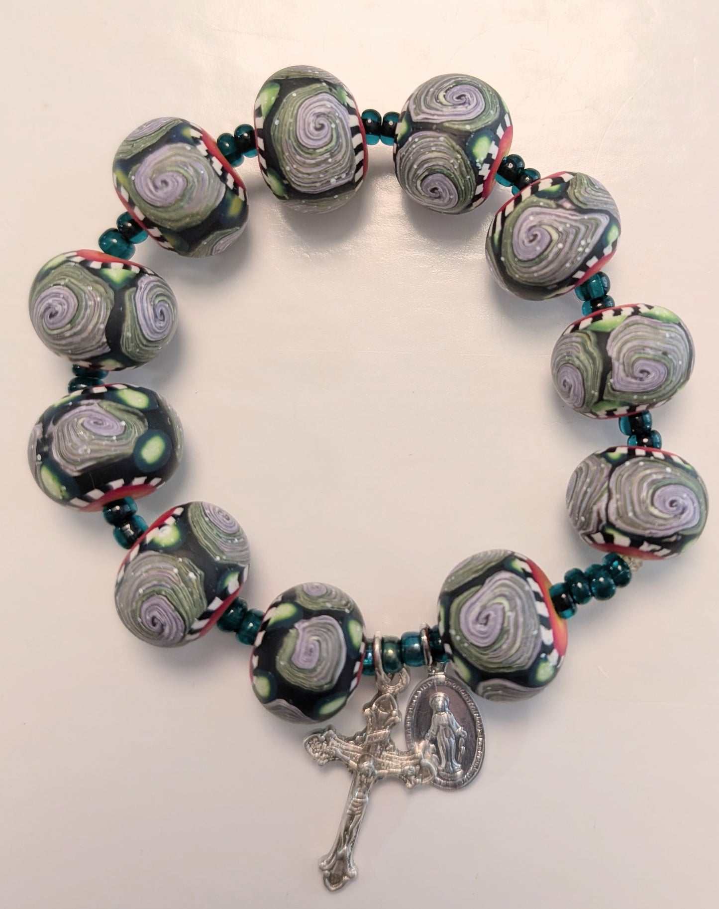 Swirl Polymer Clay Bead Rosary Bracelet Purple and Green