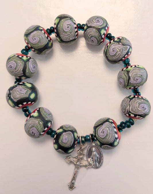 Swirl Polymer Clay Bead Rosary Bracelet Purple and Green