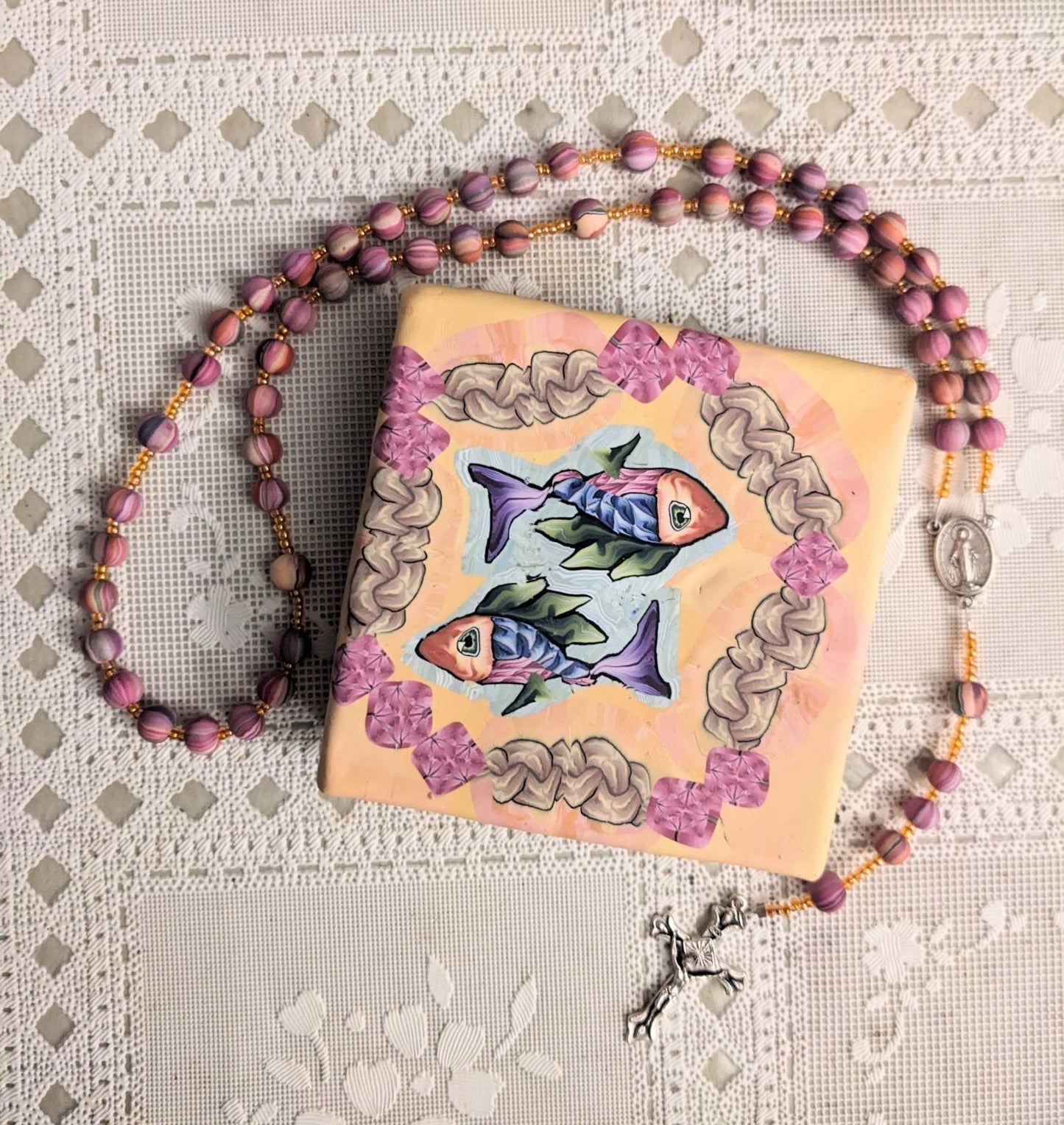 Loaves and Fishes Rosary and Box Set Pink