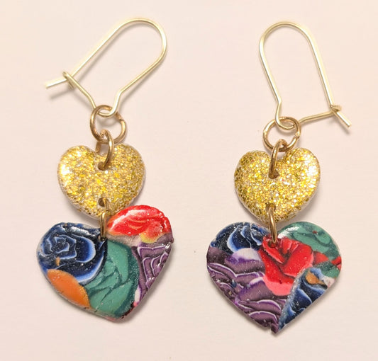 Gold Sparkle Heart Rose Earrings