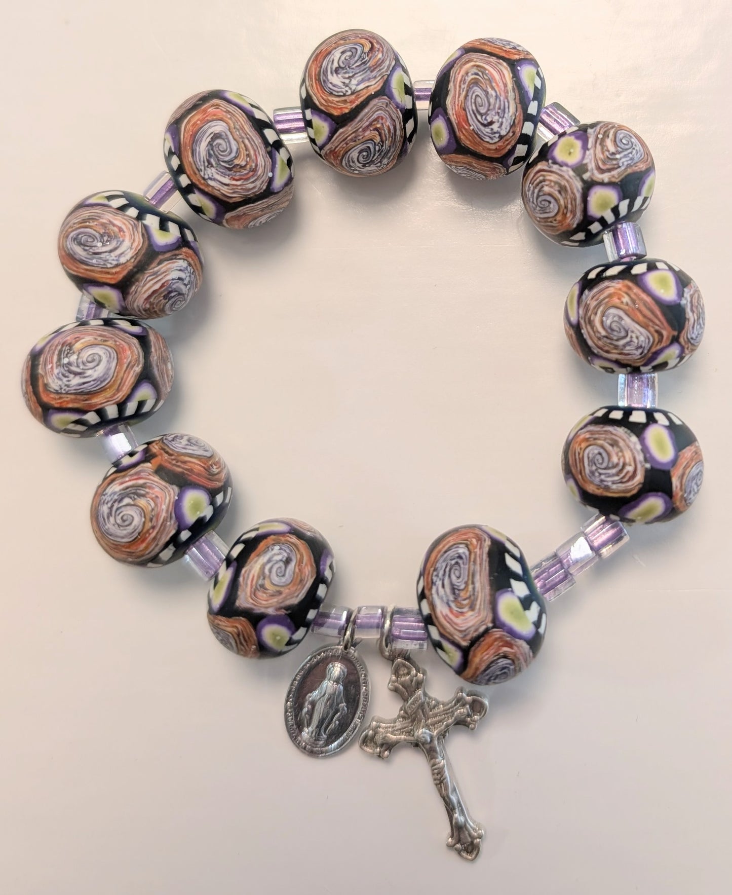Swirl Polymer Clay Bead Rosary Bracelet Purple and Orange