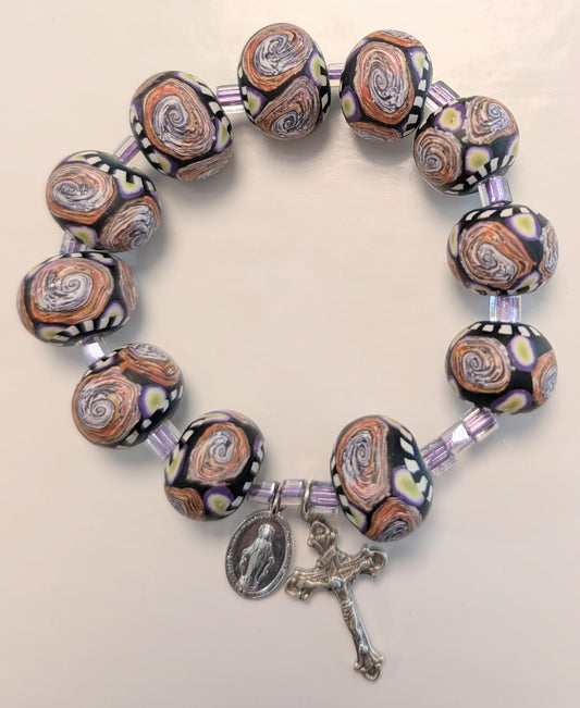 Swirl Polymer Clay Bead Rosary Bracelet Purple and Orange