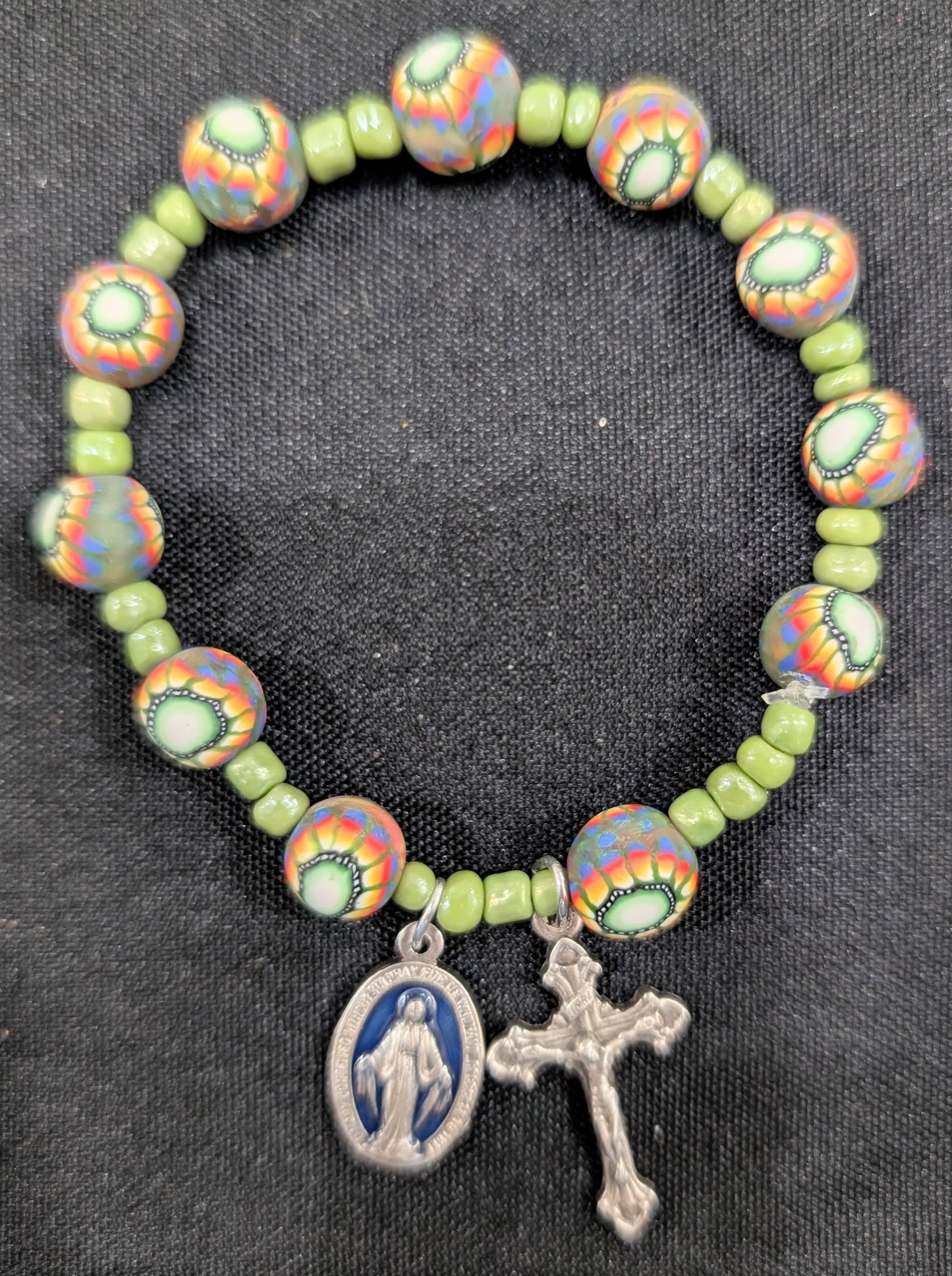 Rainbow Petal Flower Polymer Clay Rosary Bracelet