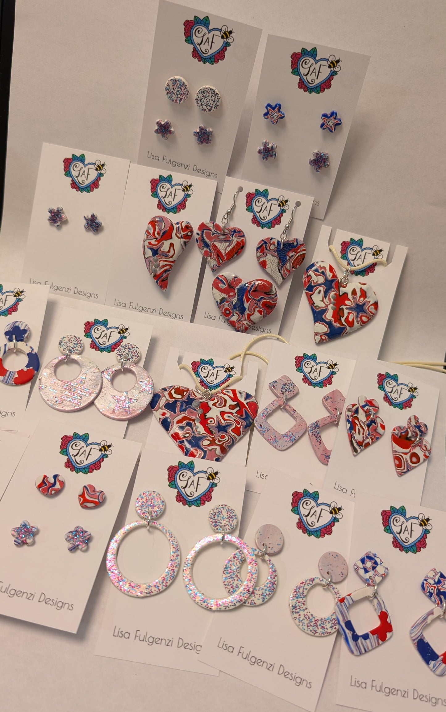 Red White and Blue Silkscreen Hearts Earrings and Brooch Set