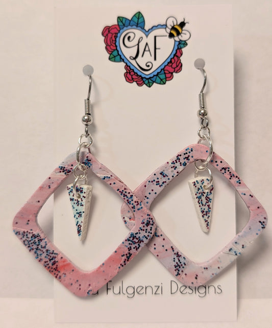 Red White and Blue Glitter Square Hoops With Dart Dangle Earrings